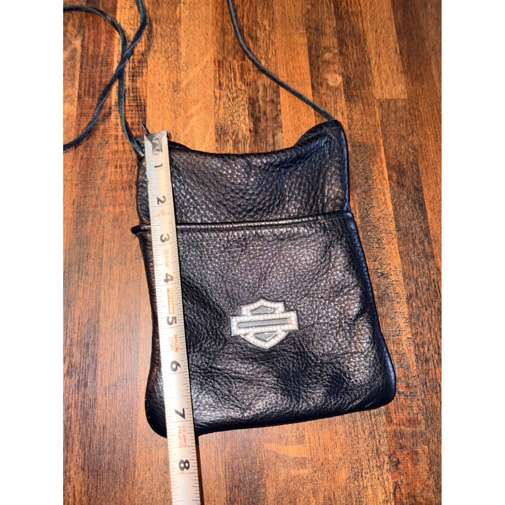 Harley Davidson Black Pebbled Leather Rhinestone Logo Crossbody Pouch Bag - Picture 2 of 6